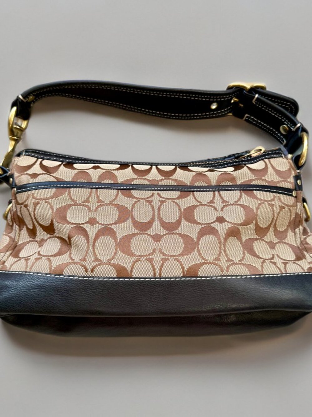 Coach Legacy Tan Signature Black Leather Trim Double Turnlock Satchel Bag 10339 - Picture 2 of 16